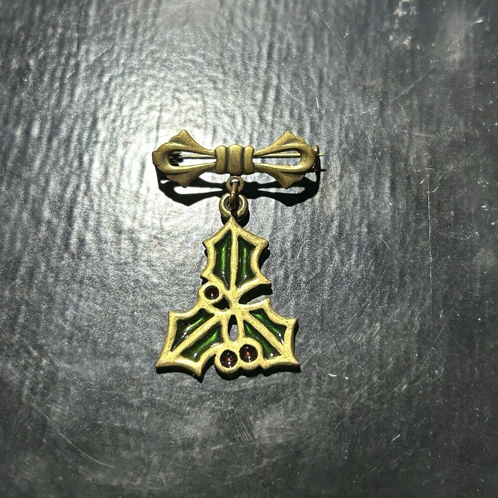 Stained Glass Holly Christmas Brooch Pin Red Green Gold Tone Bow C Clasp
